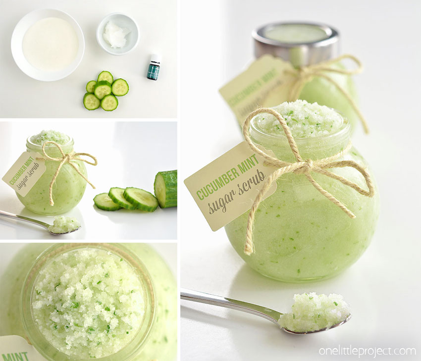 This cucumber mint sugar scrub recipe is so simple to make! It takes less than 10 minutes to whip up a batch using all natural and fresh ingredients (including fresh cucumber)! You can use it on your face, hands, arms and legs and it leaves the skin feeling super soft and silky smooth. It smells AMAZING and it feels so refreshing on the skin. Such a great homemade gift idea or a fun way to pamper yourself!