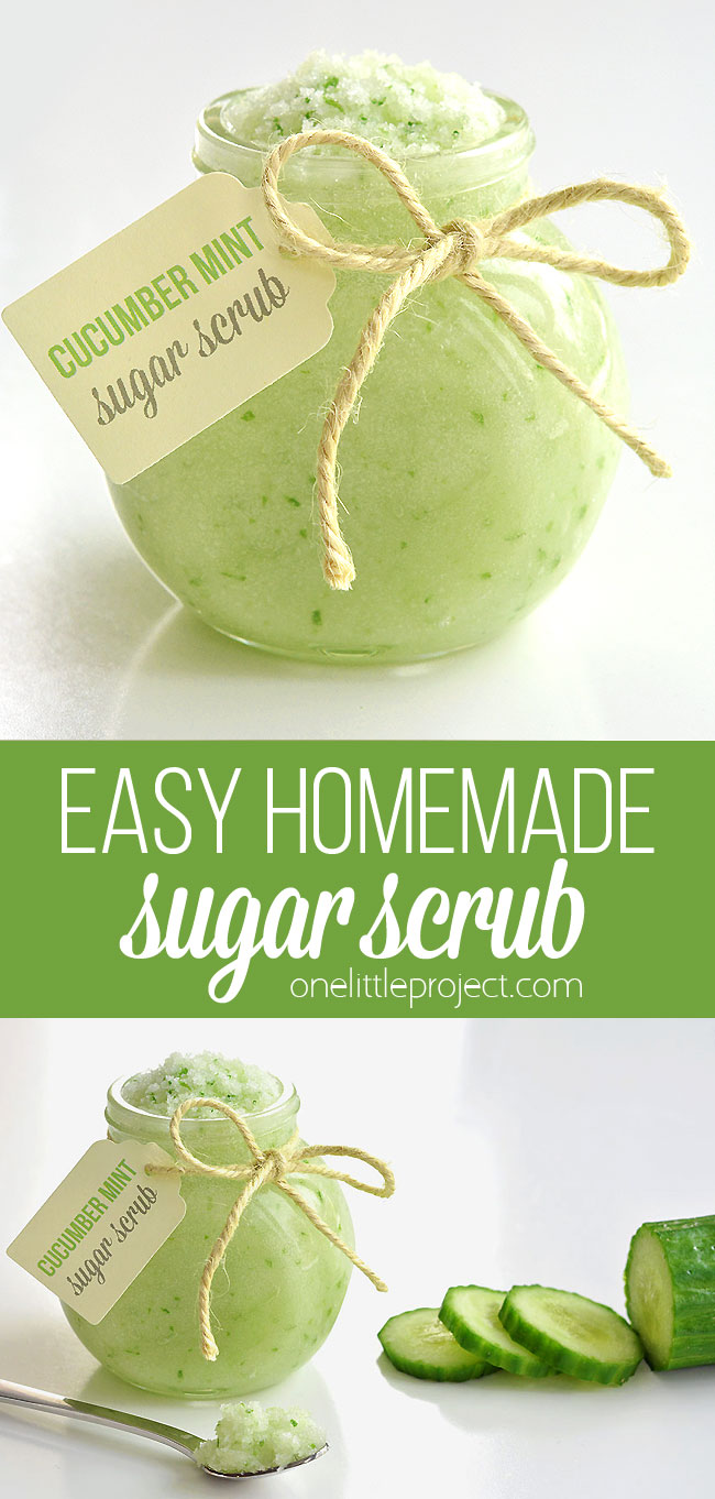 This cucumber mint sugar scrub recipe is so simple to make! It takes less than 10 minutes to whip up a batch using all natural and fresh ingredients (including fresh cucumber)! You can use it on your face, hands, arms and legs and it leaves the skin feeling super soft and silky smooth. It smells AMAZING and it feels so refreshing on the skin. Such a great homemade gift idea or a fun way to pamper yourself!