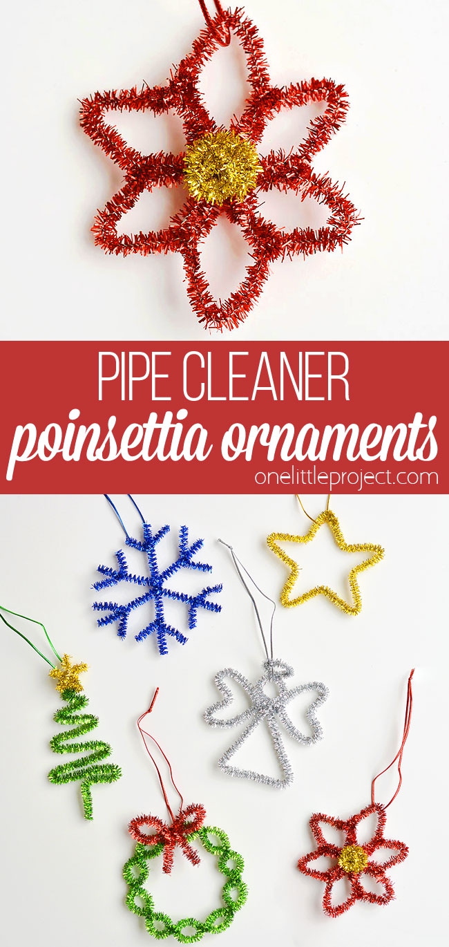 These easy pipe cleaner poinsettia ornaments are SO PRETTY! With a few twists you can make this fun little Christmas craft for kids in less than 5 minutes!
