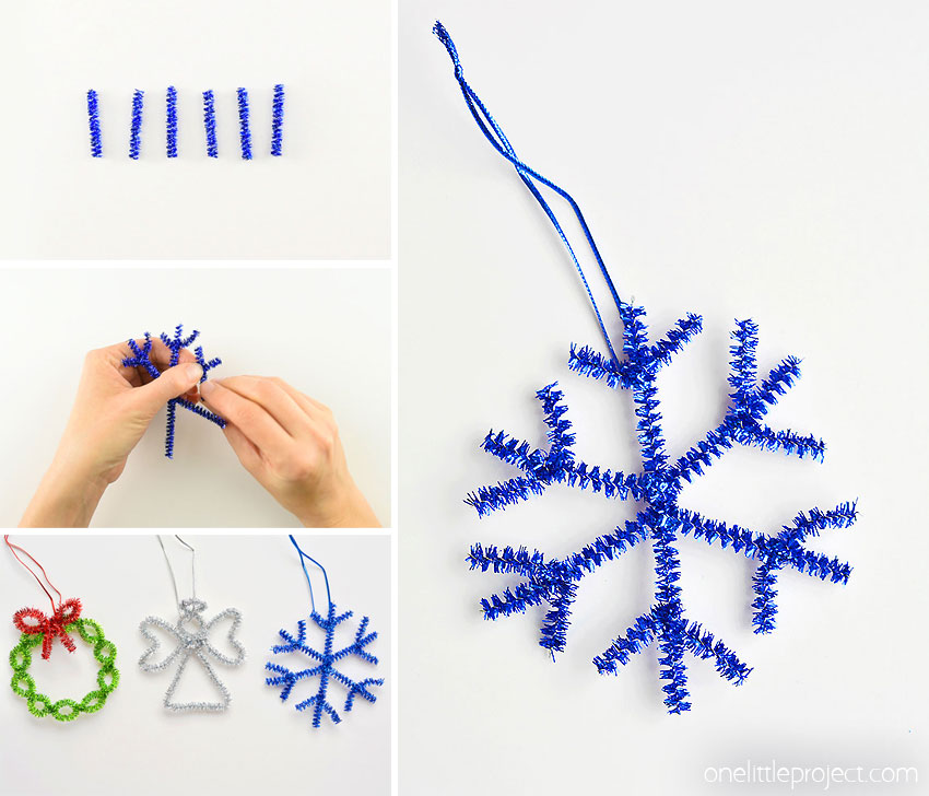 These snowflake pipe cleaner ornaments are so COOL and they're really simple to make. You only need 2 pipe cleaners! This is such an easy Christmas craft that you can make in less than 5 minutes using dollar store supplies. Such a fun Christmas activity for kids and a great way to make homemade Christmas ornaments! Be sure to check out the other 5 tutorials in this series for more pipe cleaner ornaments that go along with this frosty snowflake!