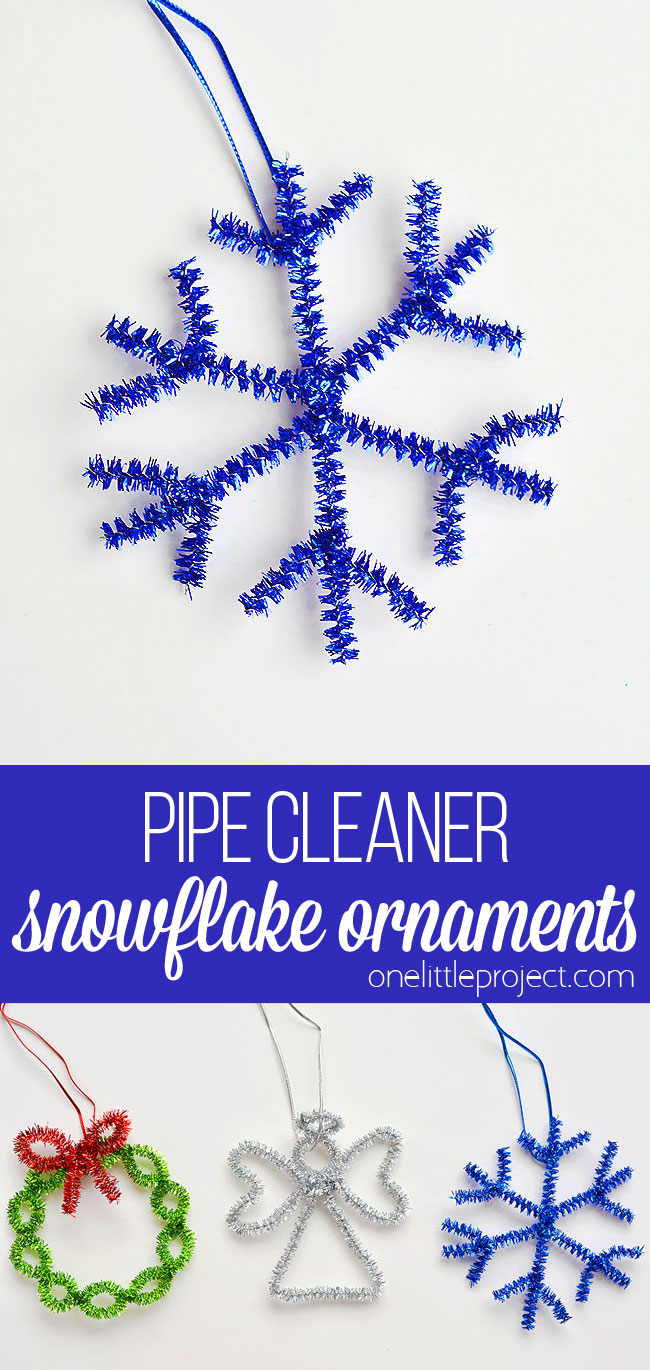 These snowflake pipe cleaner ornaments are so COOL and they're really simple to make. You only need 2 pipe cleaners! This is such an easy Christmas craft that you can make in less than 5 minutes using dollar store supplies. Such a fun Christmas activity for kids and a great way to make homemade Christmas ornaments! Be sure to check out the other 5 tutorials in this series for more pipe cleaner ornaments that go along with this frosty snowflake!