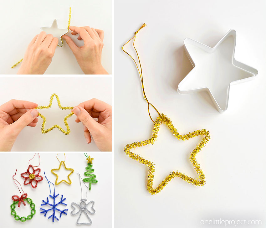 These easy star pipe cleaner ornaments are SO SIMPLE and they're so pretty! Using cookie cutters is such a brilliant way to make easy pipe cleaner shapes! This is such an easy Christmas craft and a super simple way for kids to make homemade Christmas ornaments. Such a great kids craft! Be sure to grab the instructions for how to make the rest of the fun pipe cleaner ornaments that go along with this twinkly star!