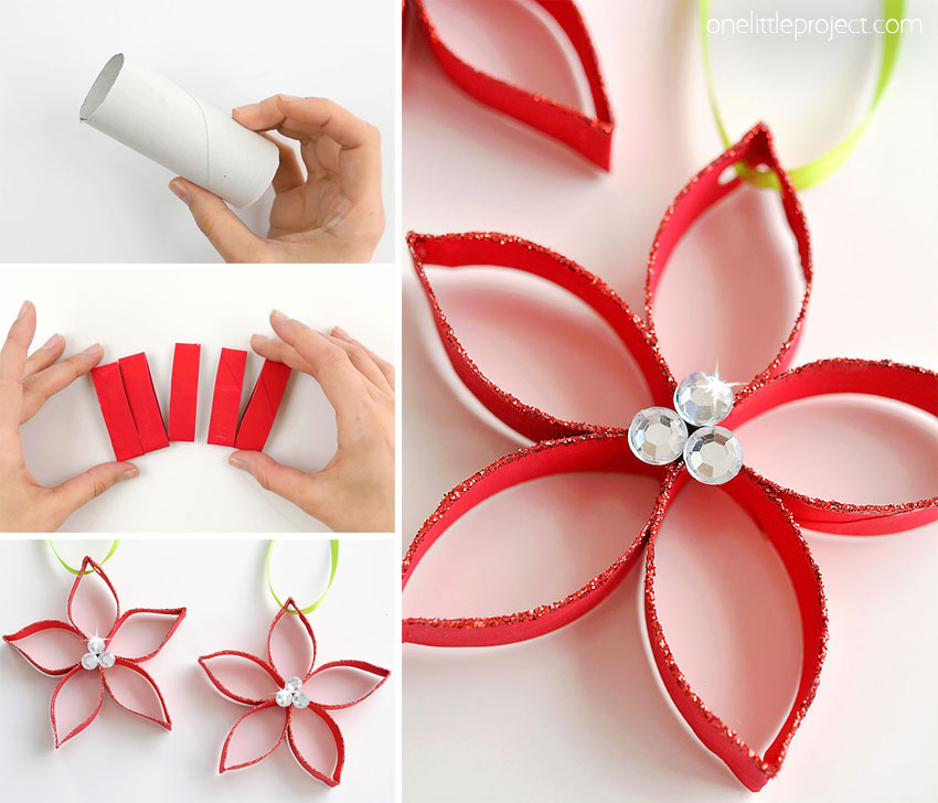 These paper roll poinsettias are SO FUN and they're really simple to make! This is such a great Christmas craft and a super fun homemade ornament to make with the kids! Who knew you could transform a simple paper roll into something so beautiful!? Such a great recycled craft!