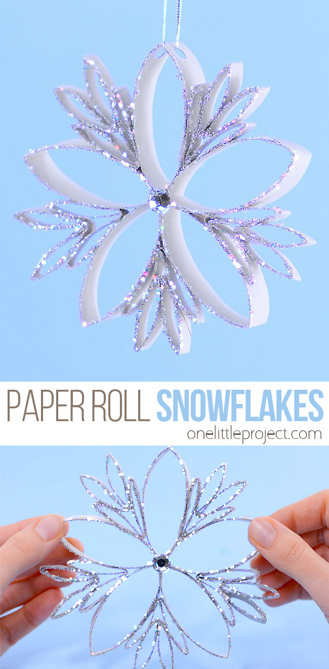 These paper roll snowflakes are SO BEAUTIFUL and really easy to make! This is such a great Christmas craft that you can leave up all winter long. Hang them on the Christmas tree, or in the window as a beautiful winter decoration. This is such a great winter craft idea and a fun way to recycle empty toilet paper rolls!