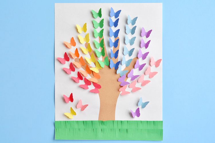 Handprint butterfly tree in rainbow colors
