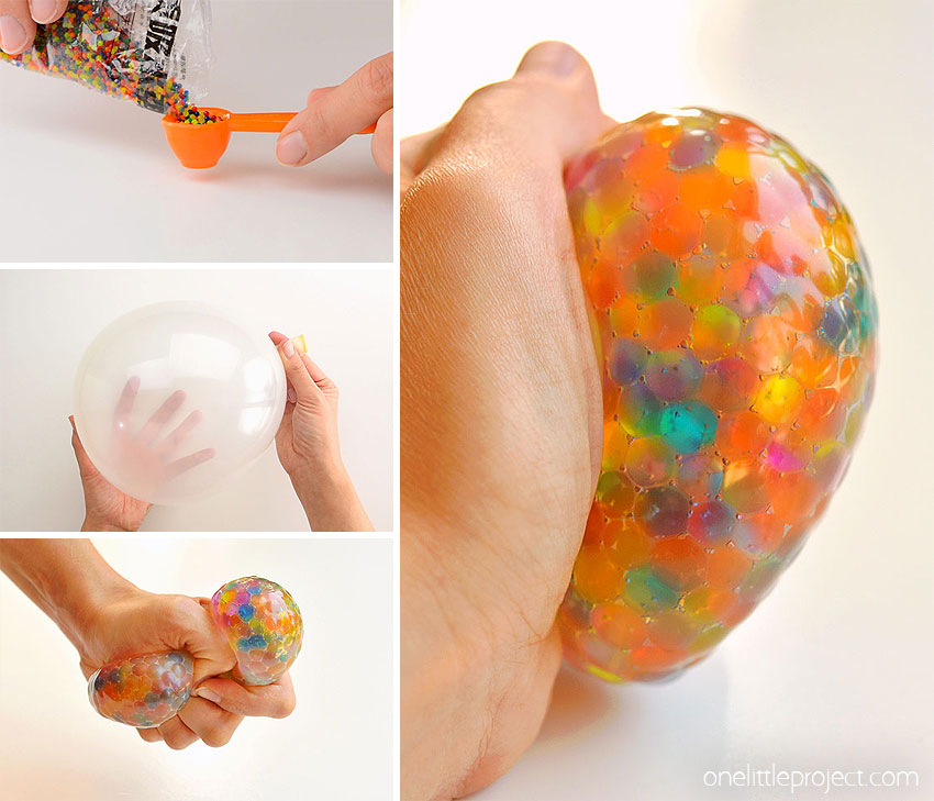 Collage d'images montrant comment fabriquer une balle anti-stress orbeez