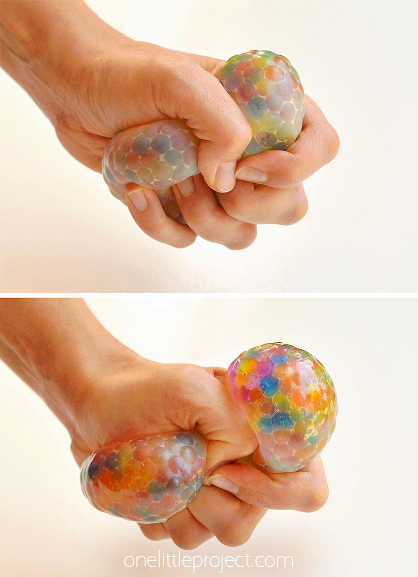 Orbeez stress ball collage image being squished in hands