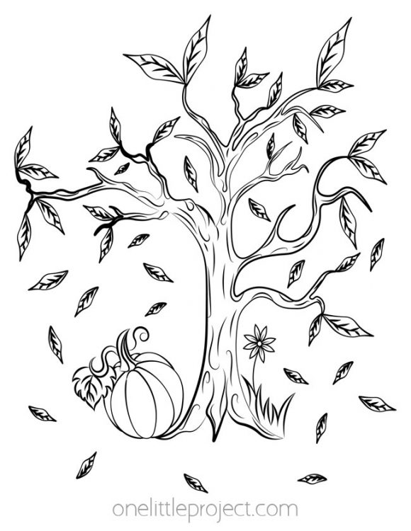 Tree with Falling Leaves and Pumpkin Coloring Page