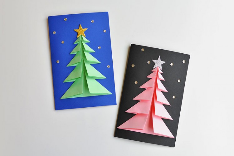 Black and pink, and blue and green decorated Christmas tree cards