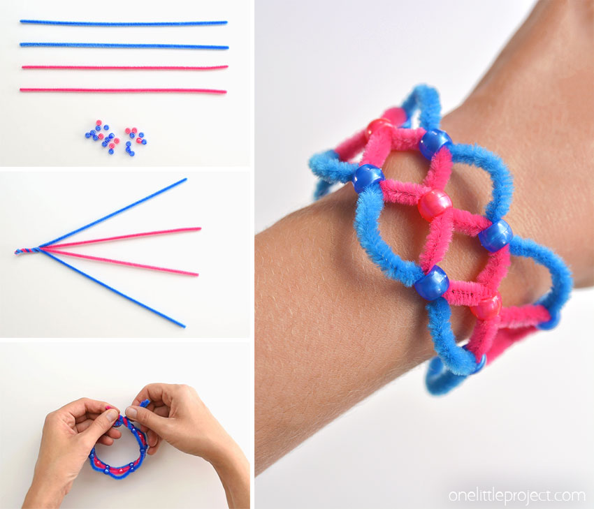 Collage of images showing how to make a beaded pipe cleaner bracelet