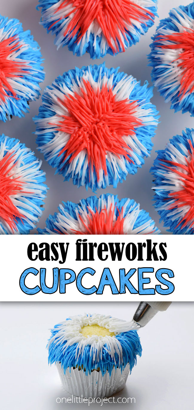 Pin collage showing easy fireworks cupcakes