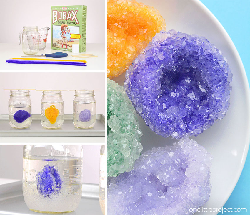 Collage of images showing how to make borax crystals