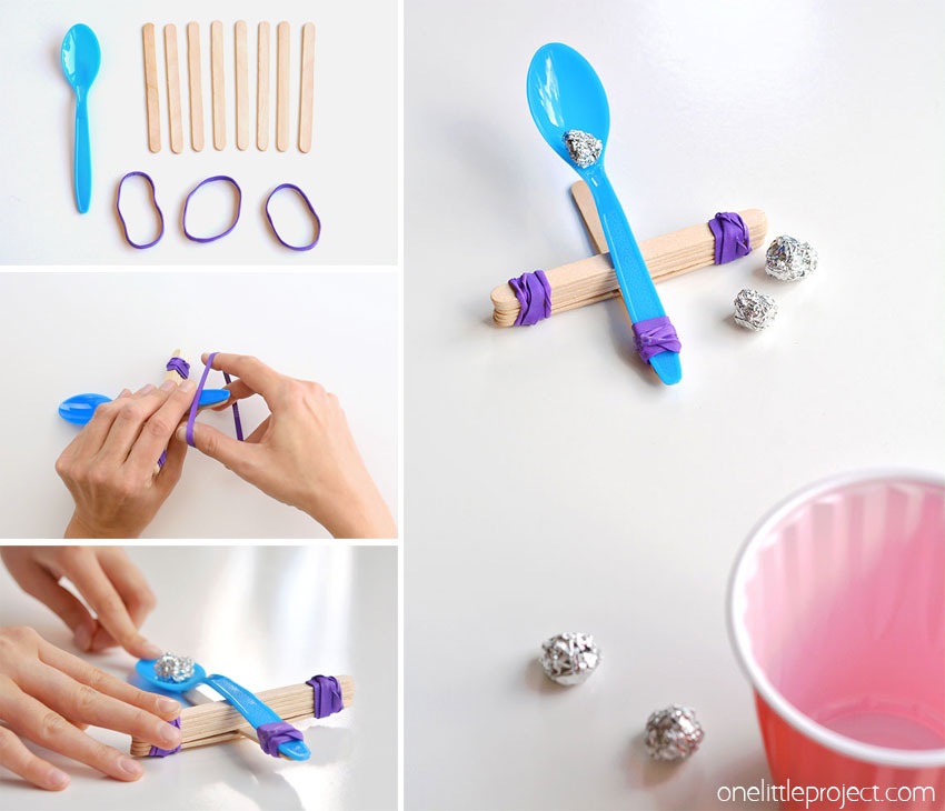 Collage of images showing how to make a catapult with popsicle sticks