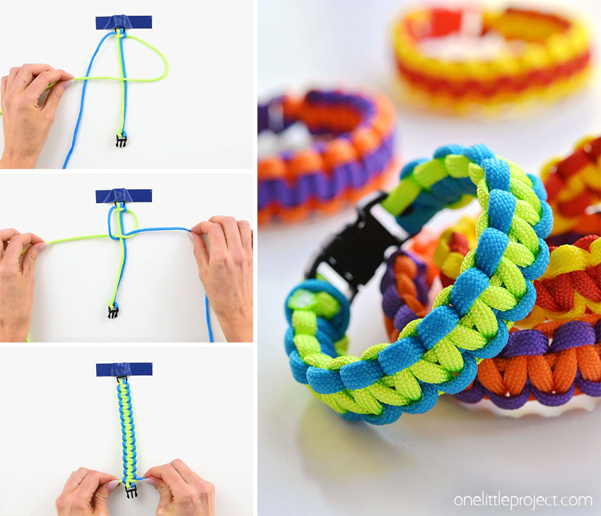 Collage of images showing how to make a paracord bracelet