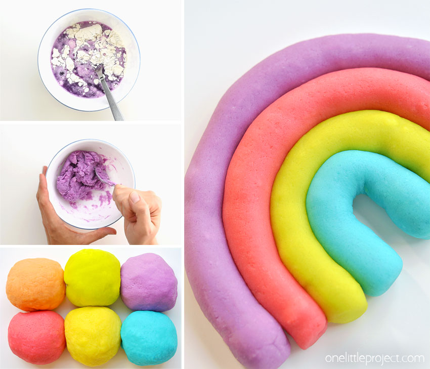 Collage of images showing how to make homemade playdough