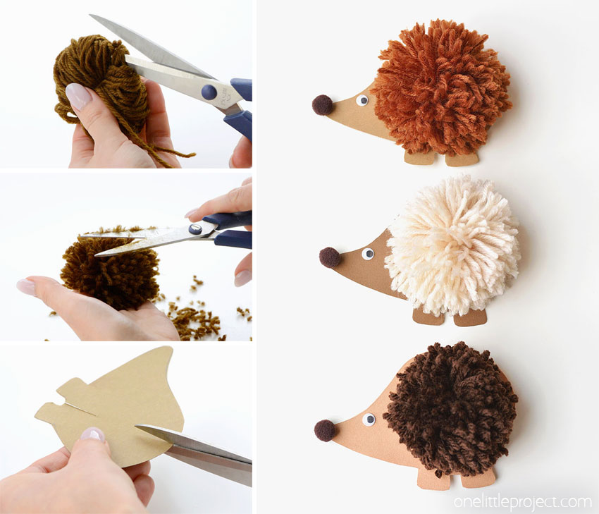 Collage of images showing how to make a pom pom hedgehog