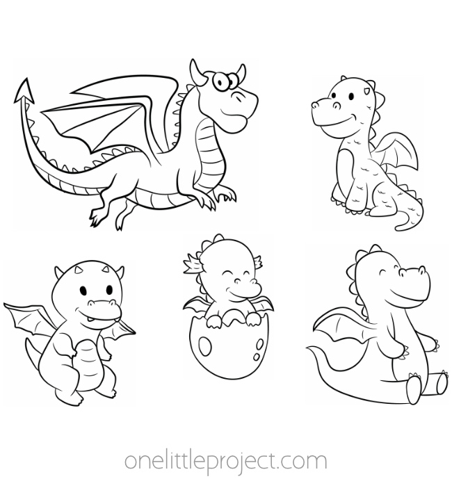 Five cute dragons in one coloring page