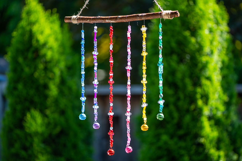 Beaded DIY wind chime hanging outside