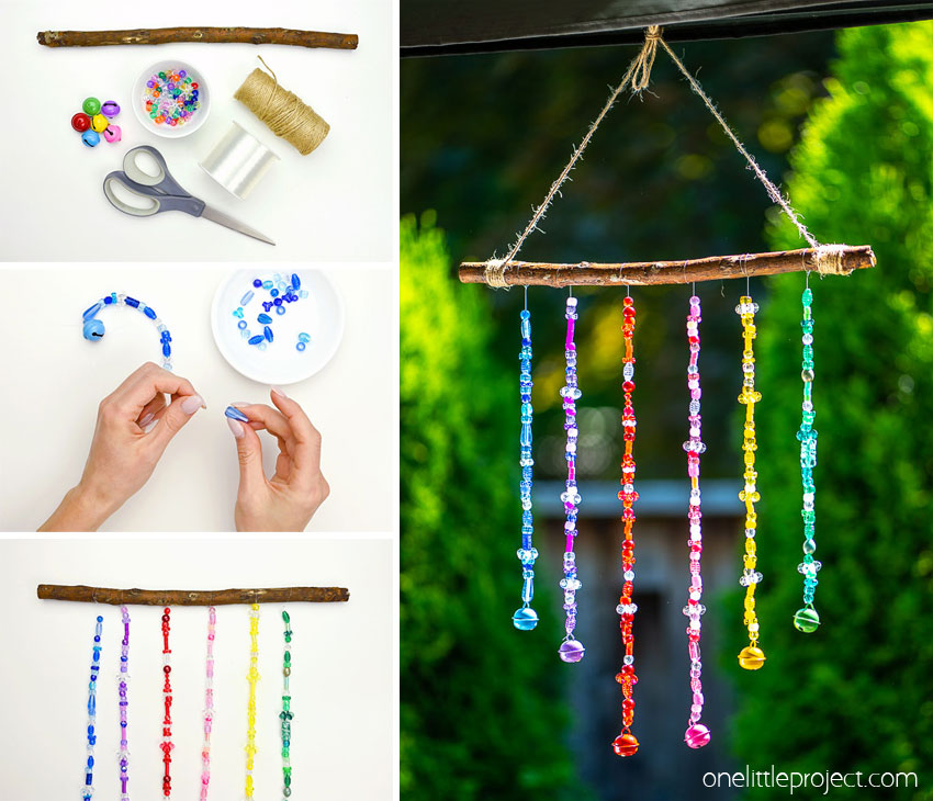 Collage of images showing how to make DIY wind chimes