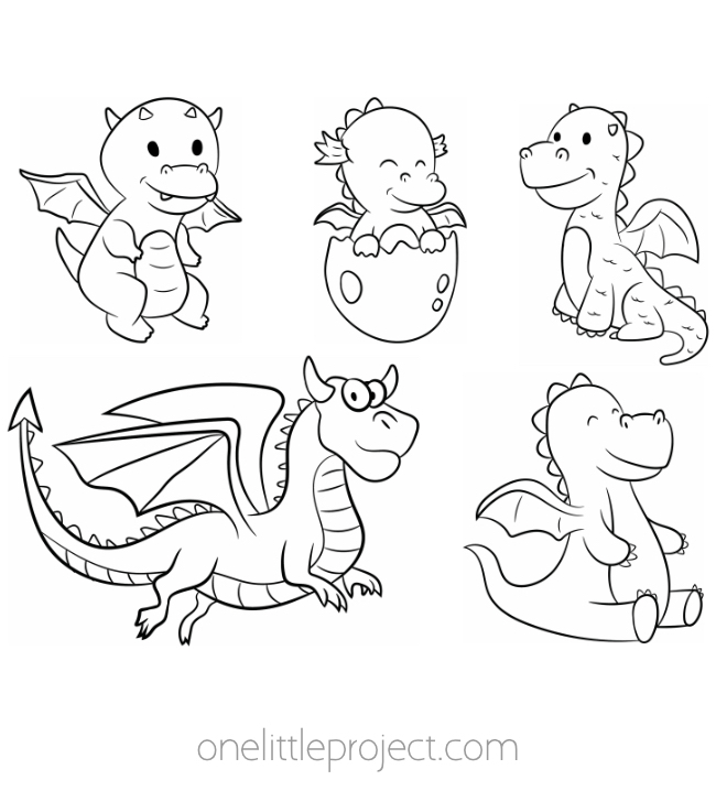 Five friendly dragons in one coloring page