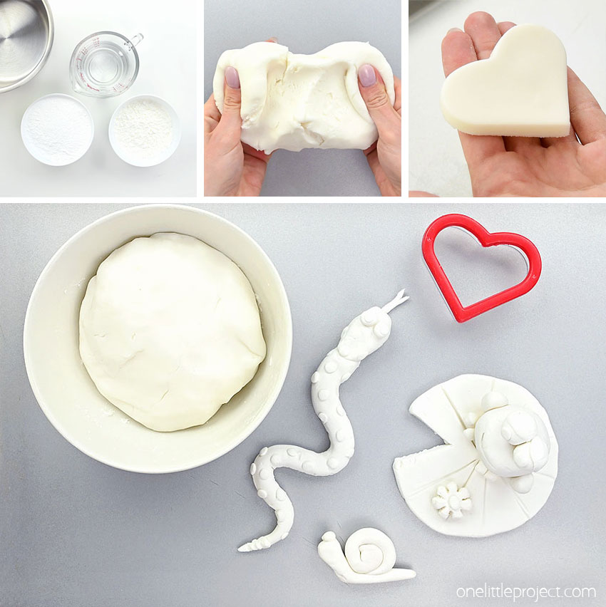 A collage of images showing how to make homemade air dry clay
