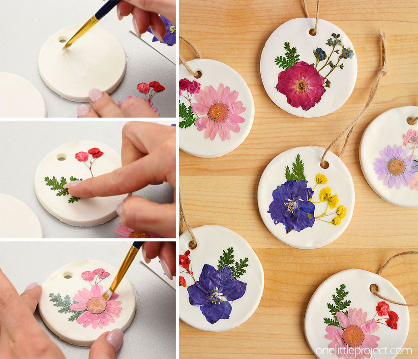 Collage of images showing how to make pressed flower clay ornaments