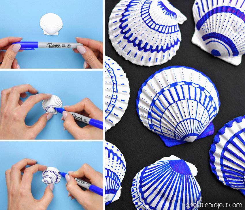 Collage of images showing how to paint seashells with sharpies