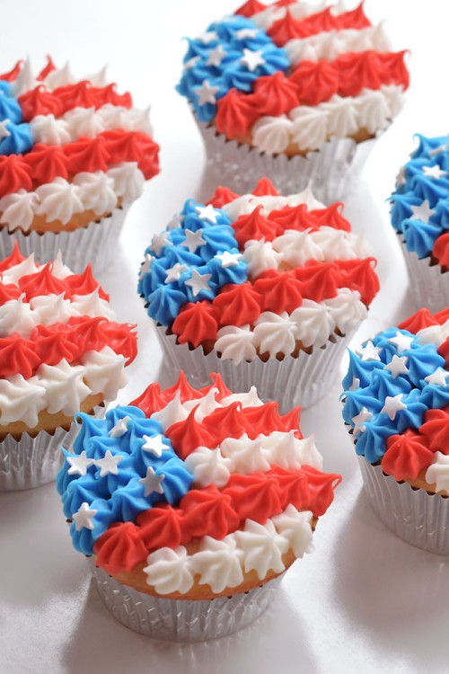 July 4th flag cupcakes on a white background