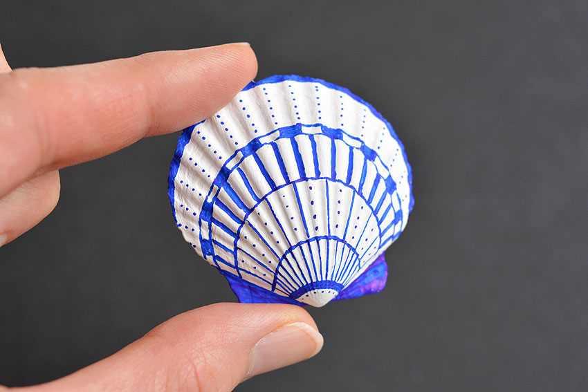 A hand holding a white and blue sharpie seashell