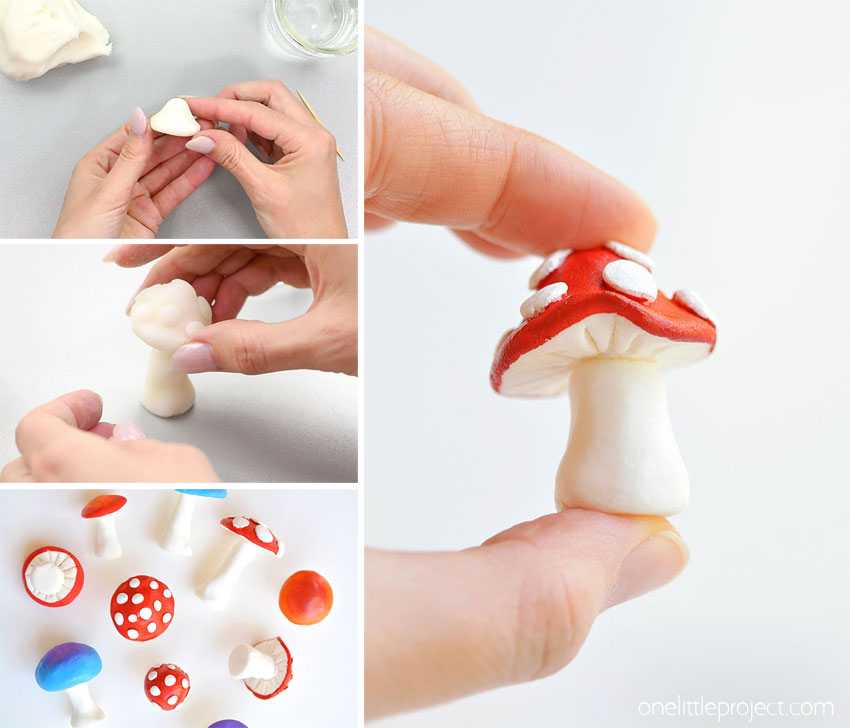 Collage of images showing how to make air dry clay mushrooms