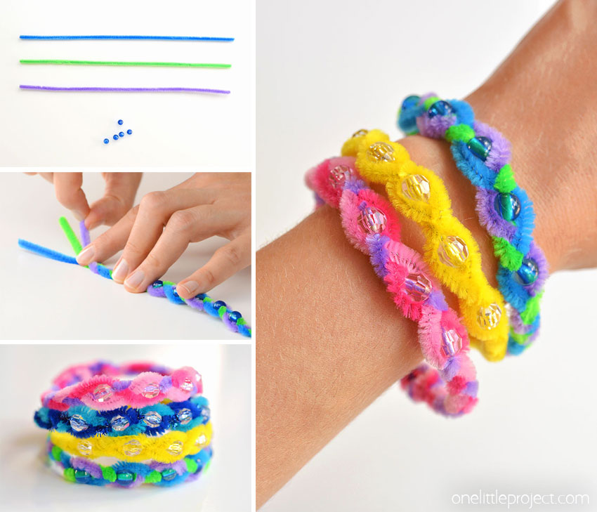 Collage of images showing how to make a braided pipe cleaner bracelet
