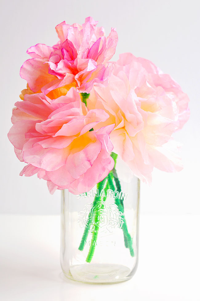 Bouquet of pink coffee filter flowers in a mason jar