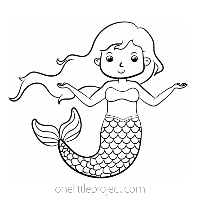 Long haired mermaid waits for her friends coloring sheet