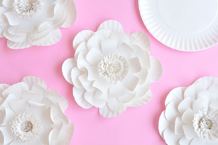 Paper plate flowers on a pink background