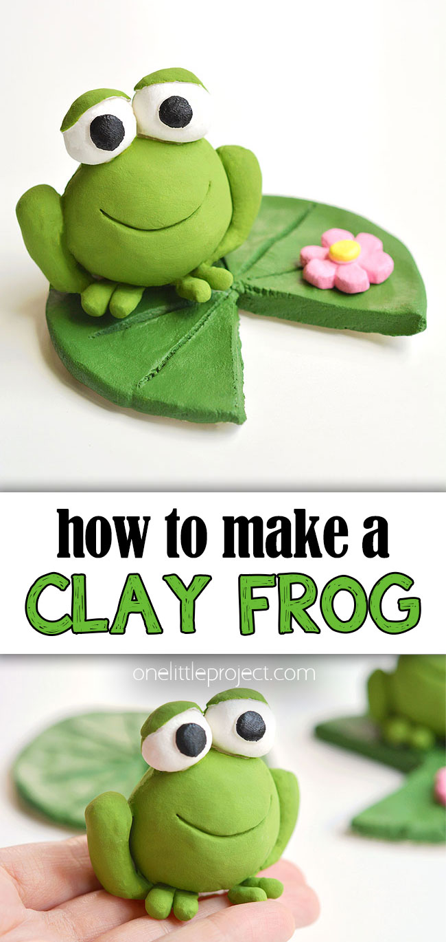 Pin collage showing how to make a clay frog sculpture