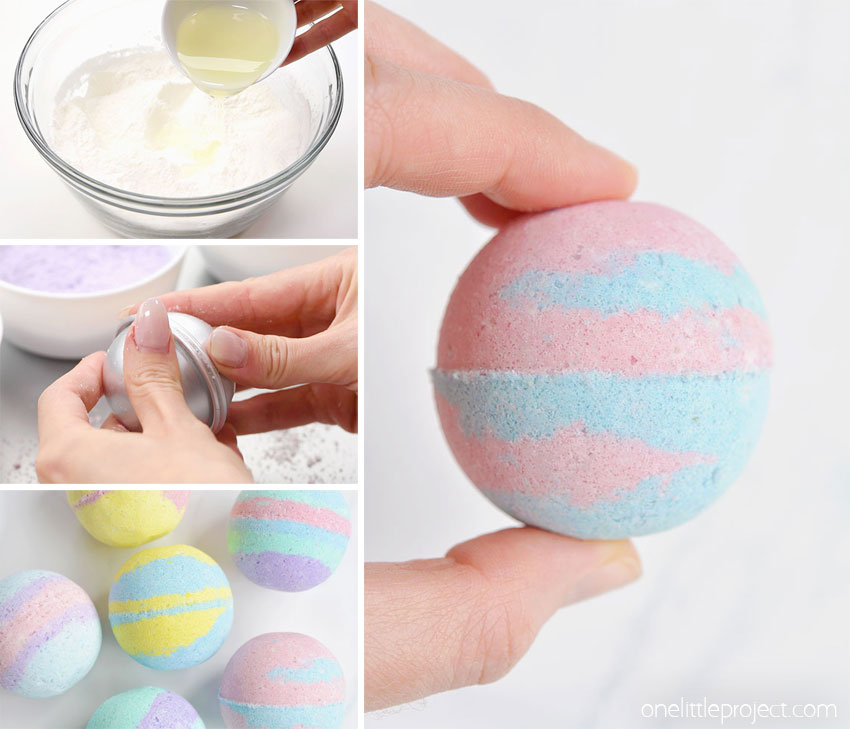 Collage of images showing how to make a bath bomb