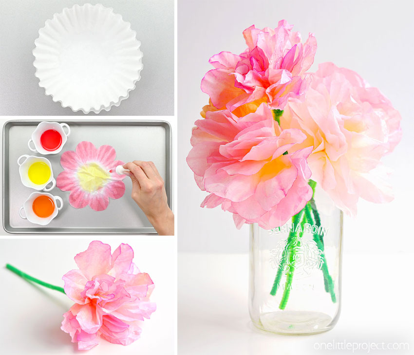 Collage of images showing how to make coffee filter flowers