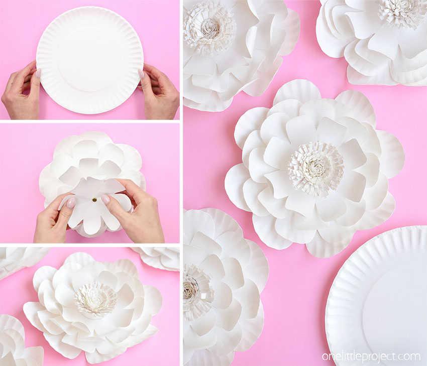 Collage of images showing how to make paper plate flowers