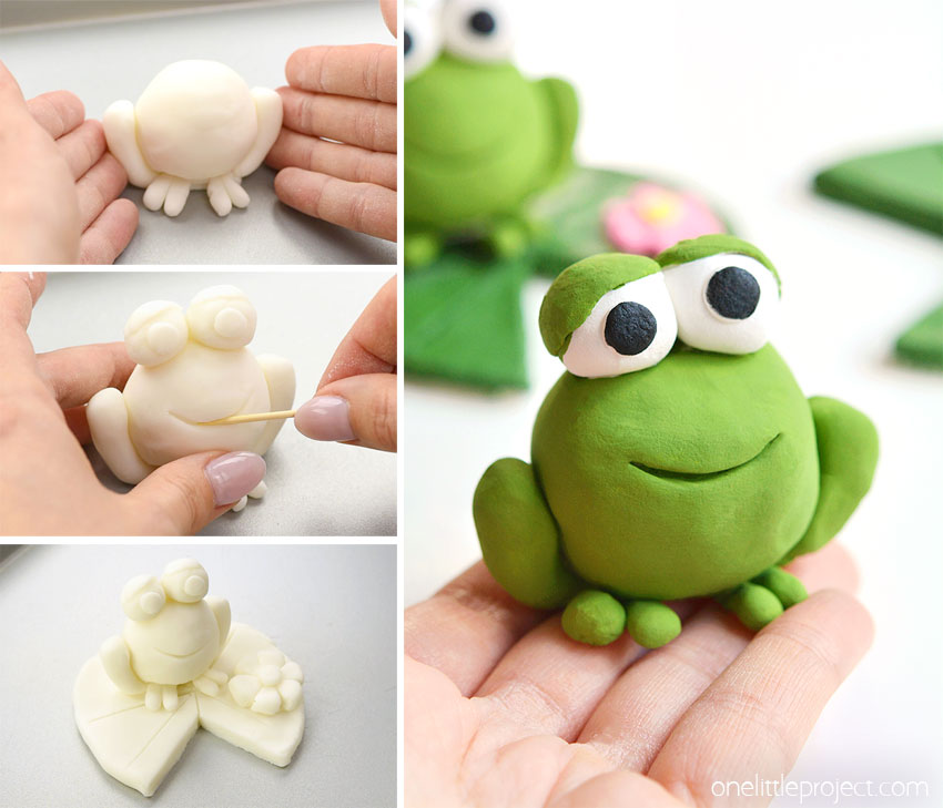 Collage image showing how to make a clay frog
