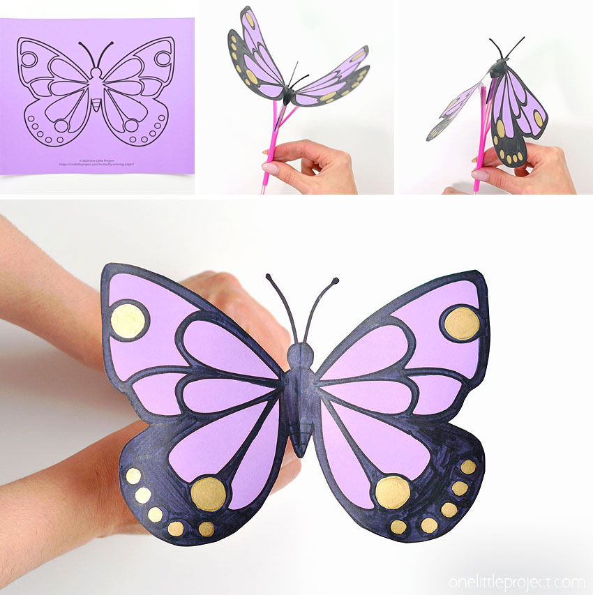 Collage of images showing how to make a flapping butterfly craft