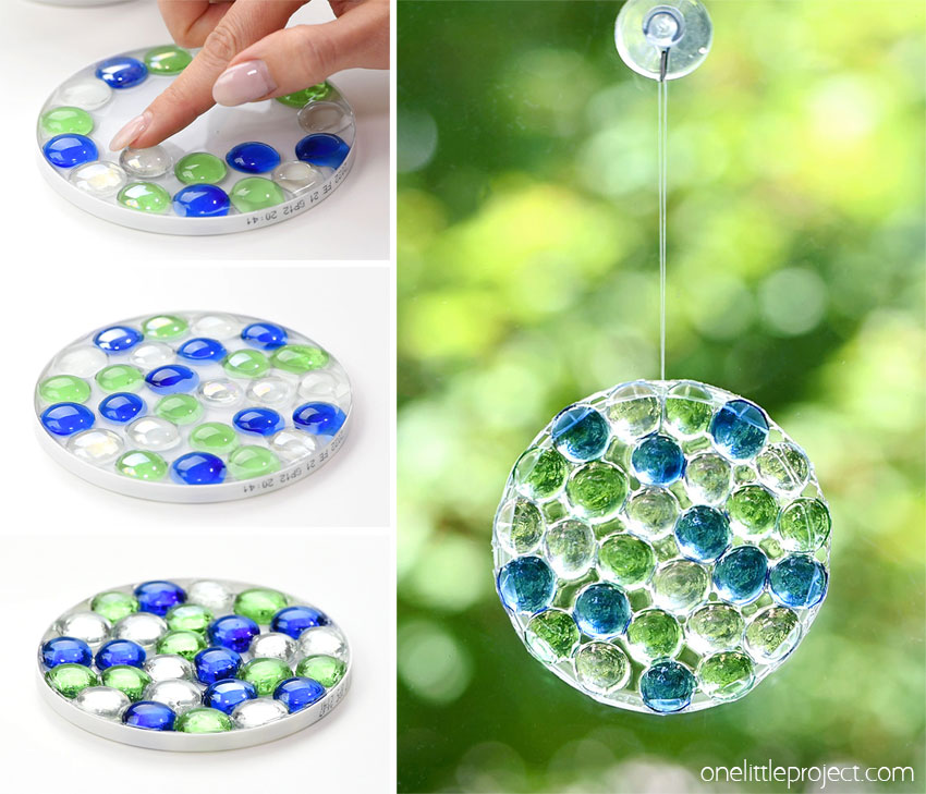 Collage of images showing how to make a suncatcher with glass beads