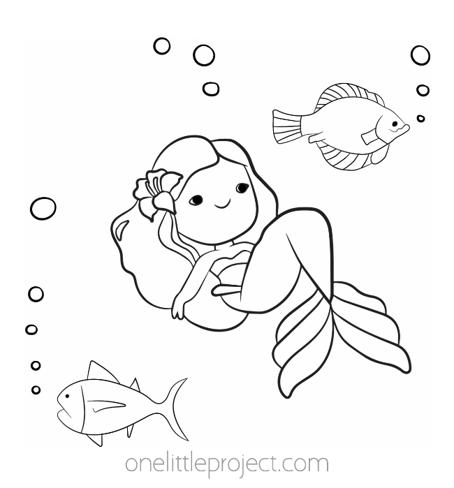 Happy mermaid frolics with fish coloring sheet