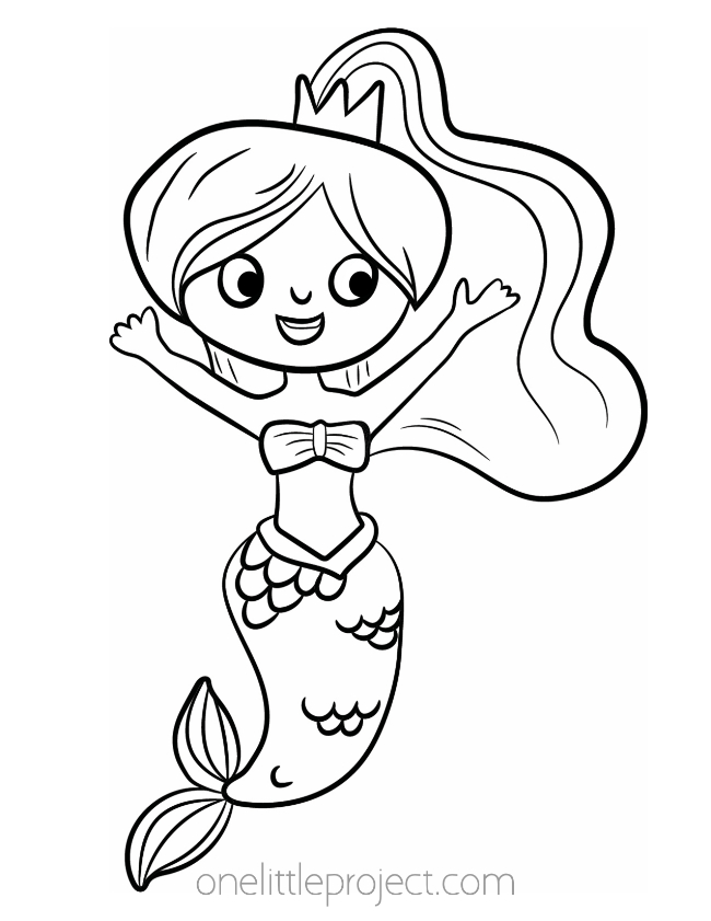 Long haired mermaid celebrating coloring page