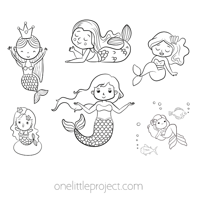 Six mermaids on a coloring sheet