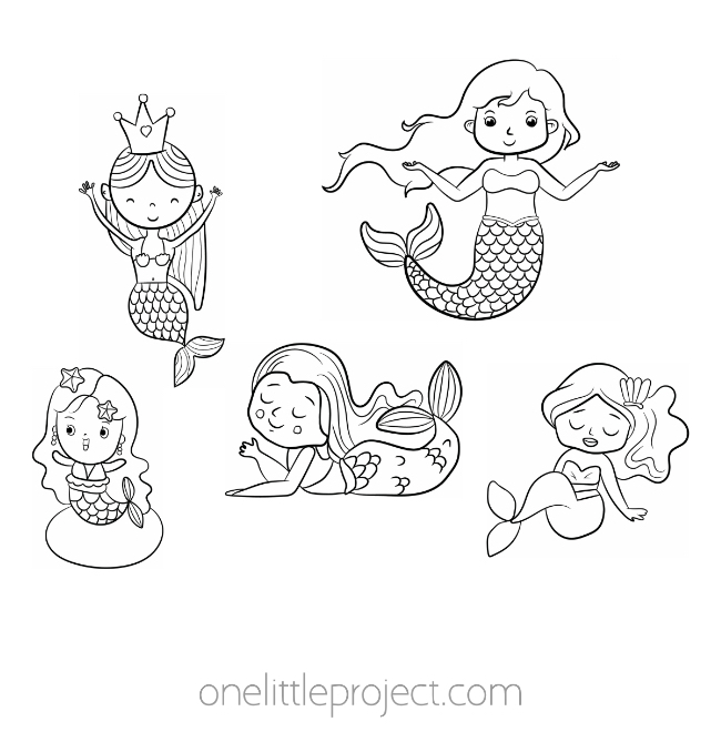 Five mermaids on a mermaid coloring page