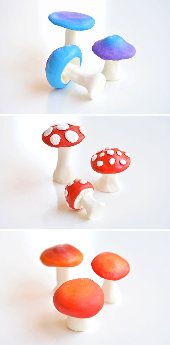 Collage of several types of mushrooms made of clay