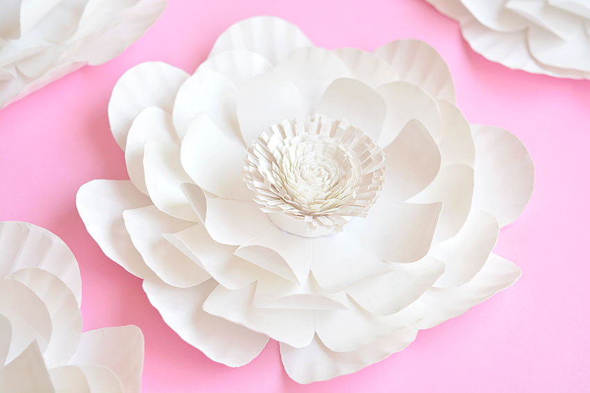 Paper flower wall decor on a pink background