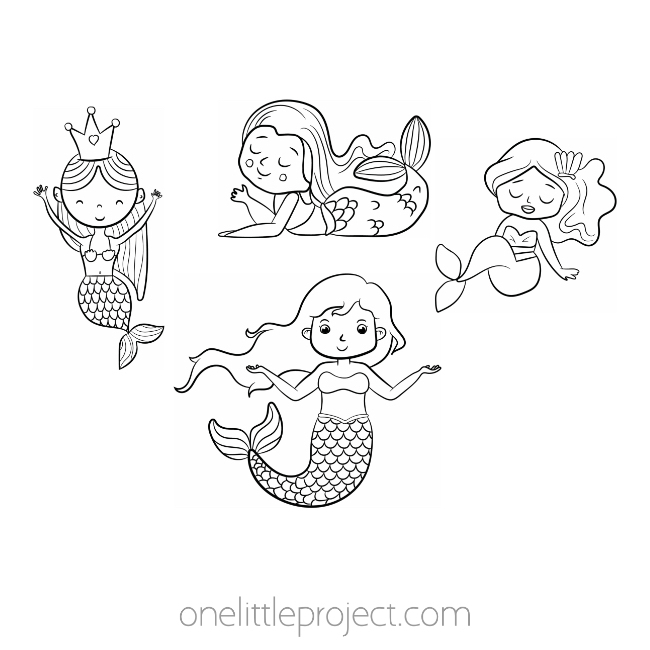 Four mermaids together coloring sheets