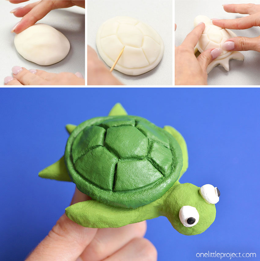 Collage of images showing how to make turtles out of clay