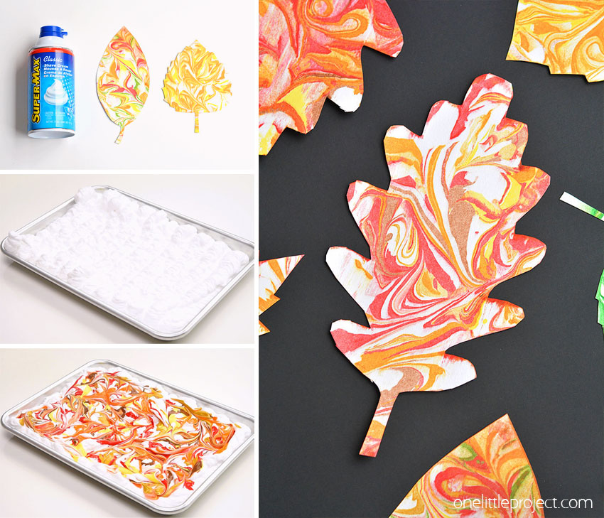 Collage of images showing how to make fall leaf shaving cream art